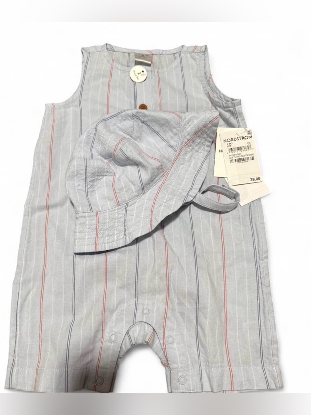 NWTNordstrom Light Blue Striped Baby Romper with Matching Hat